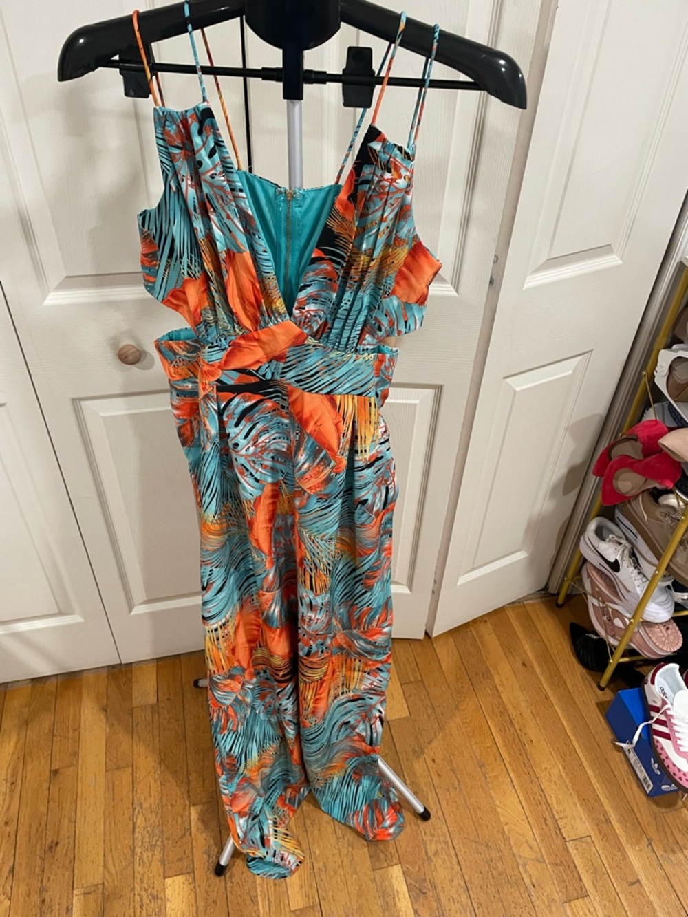 Fashion Nova Tropical Print Wide-Leg Jumpsuit in Teal & Orange